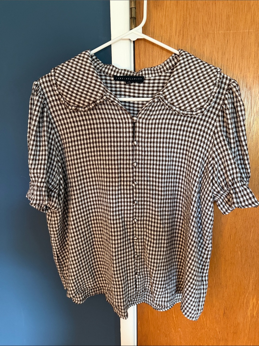 Black and White Gingham Button-Down Top with Rounded Collar